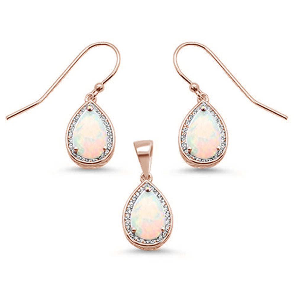Rose Gold Plated White Opal & Cubic Zirconia .925 Sterling Silver Earring & Pendant Set
