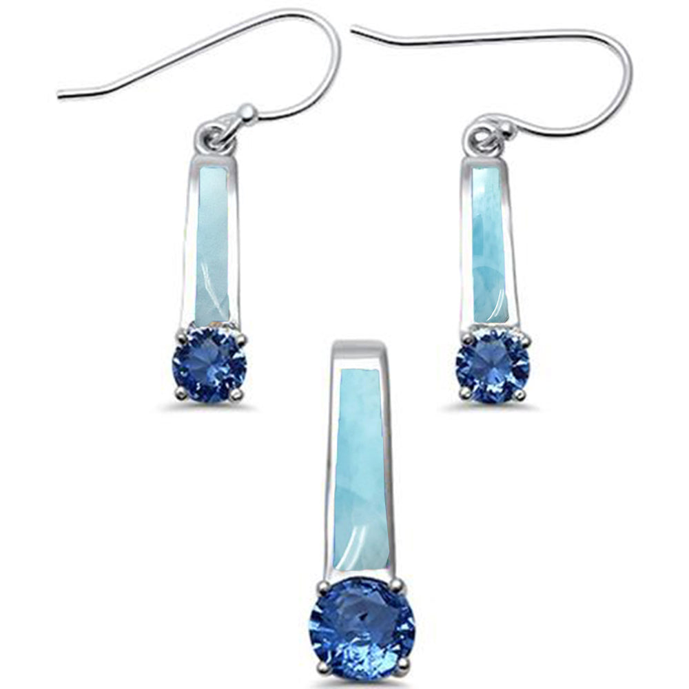 Dangling Natural Larimar & Tanzanite Cubic Zirconia Set .925 Sterling Silver Pendant & Earring Set