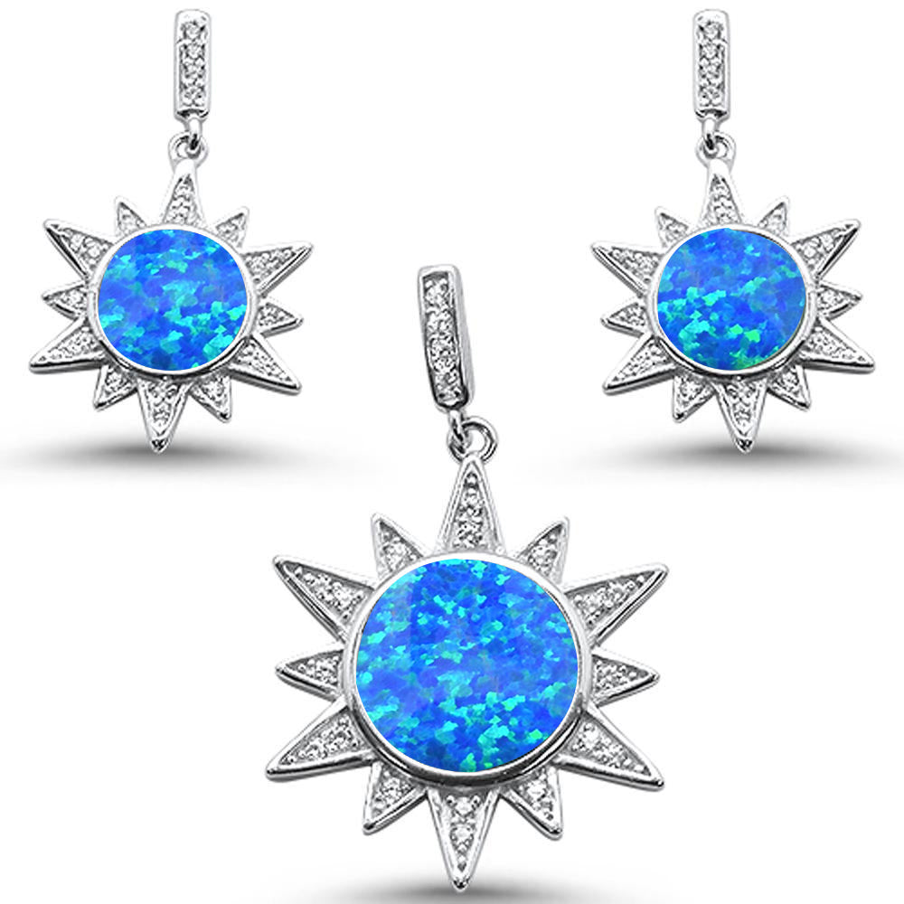 Blue Opal Elegant Starburst .925 Sterling Silver Earring & Pendant Set