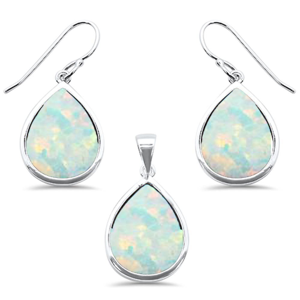 Pear White Opal .925 Sterling Silver Pendant & Earring Set