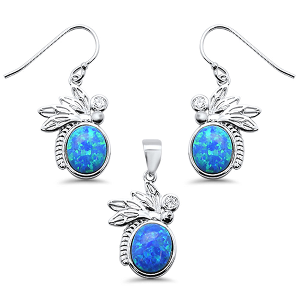 Natural Larimar & Cubic Zirconia .925 Sterling Silver Pendant & Earring Set