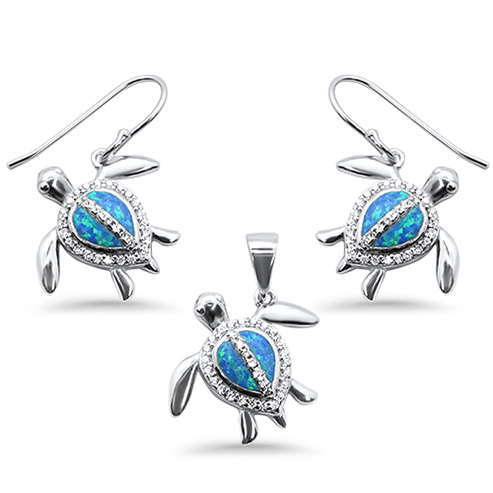 Blue Opal & Cubic Zirconia Turtle .925 Sterling Silver Pendant & Earring Set