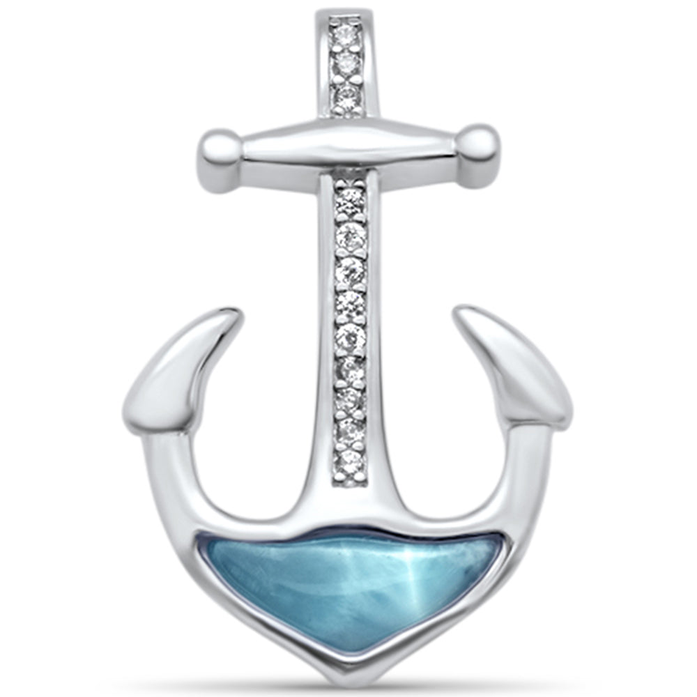 Natural Larimar & CZ Anchor .925 Sterling Silver Pendant