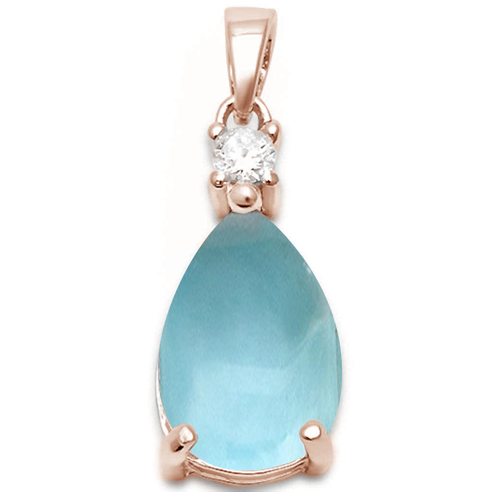 Rose Gold Plated Pear Shape Natural Larimar & Cubic Zirconia .925 Sterling Silver Pendant