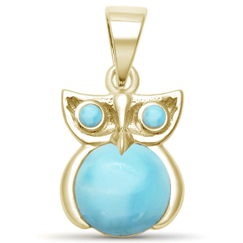 Yellow Gold Plated Natural Larimar Whimsical Owl .925 Sterling Silver Pendant