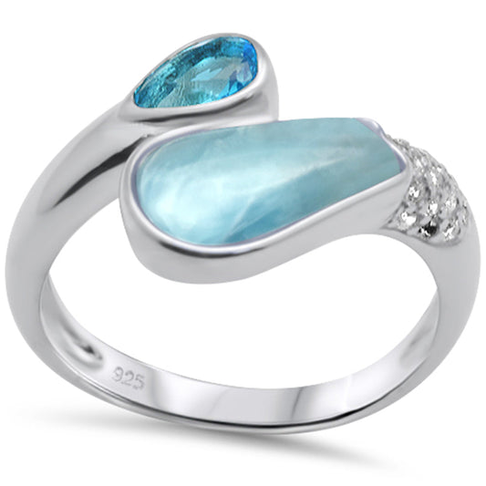 Natural Larimar & Blue Topaz .925 Sterling Silver Ring Size 8