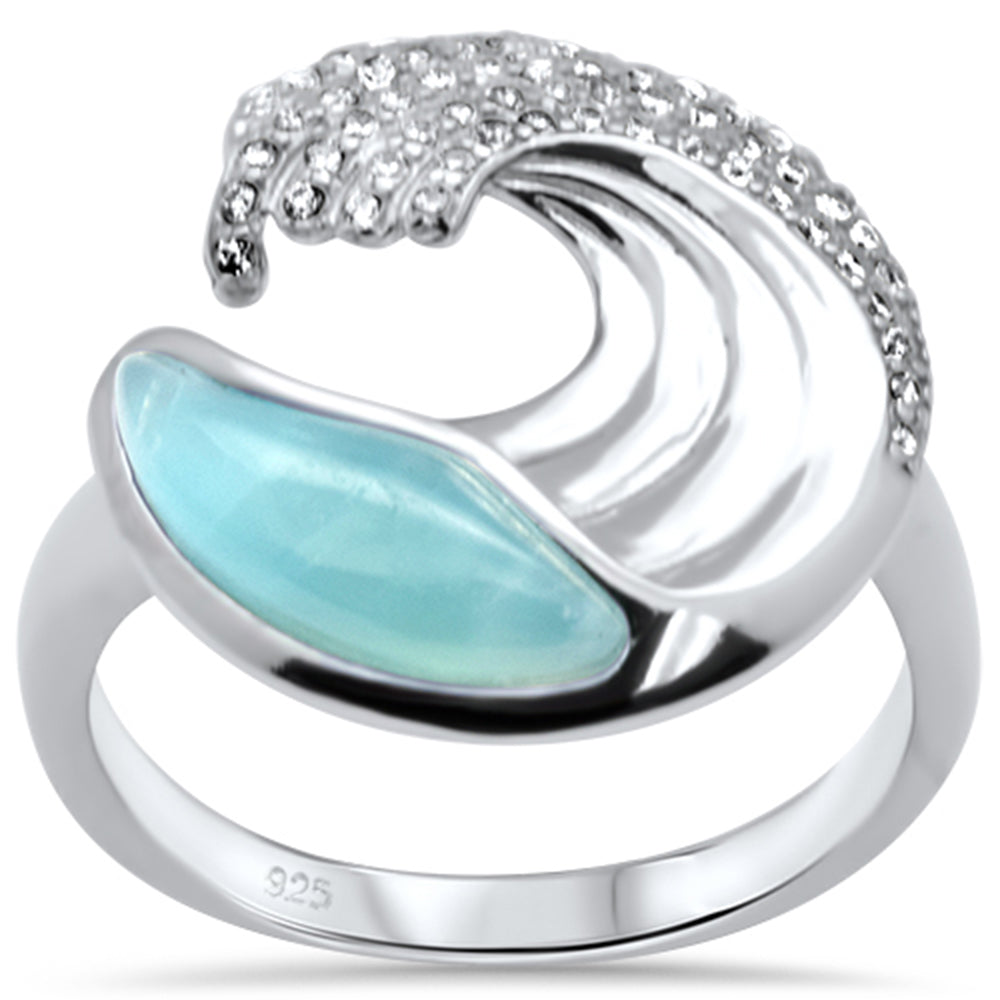 Natural Larimar & Cubic Zirconia Wave Design .925 Sterling Silver Ring Size 8