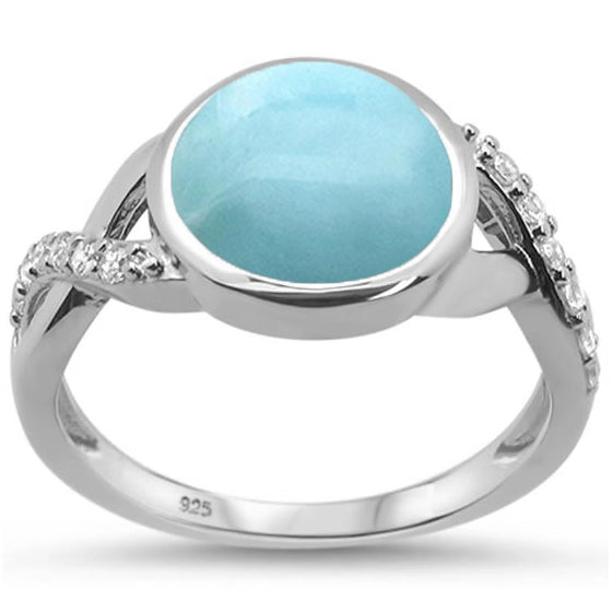 Round Natural Larimar & Cubic Zirconia .925 Sterling Silver Ring Sizes 6-8