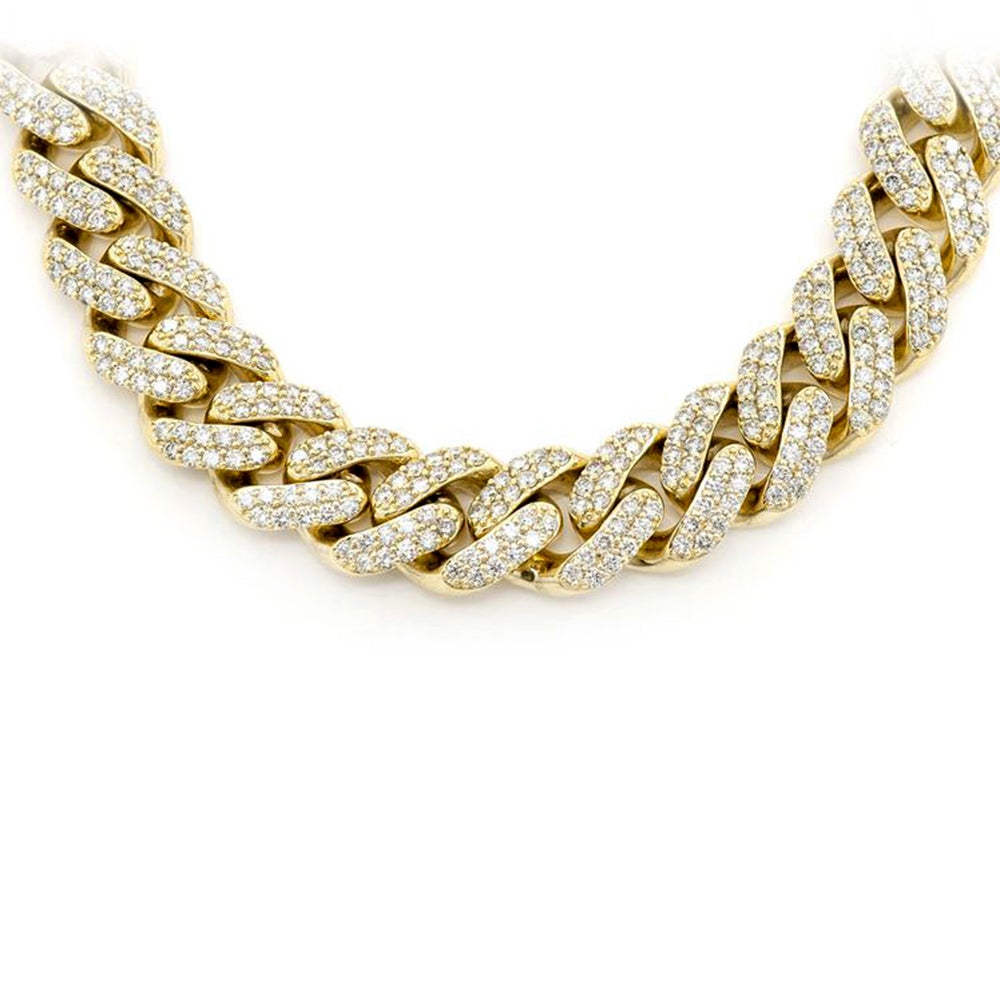 11MM 14.42ct 10KT Yellow Gold Diamond Micro Pave Miami Round Cuban Link Necklace 22"