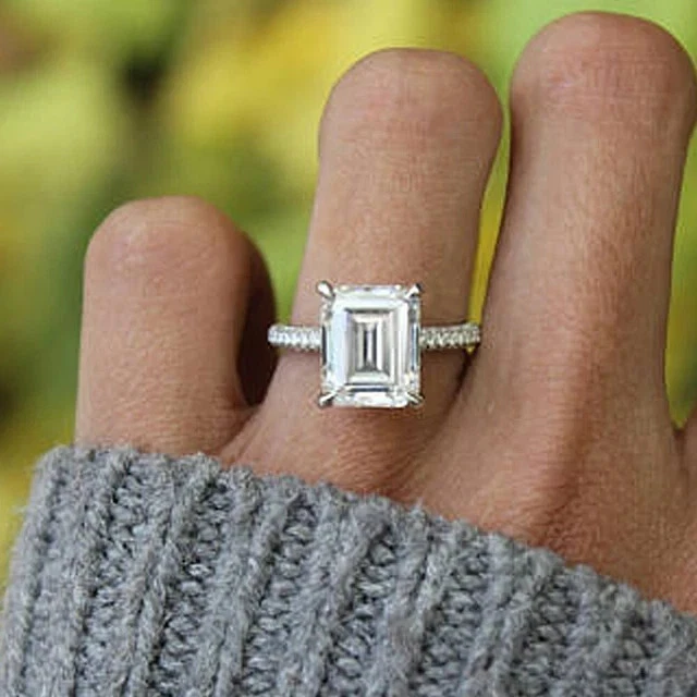 3.44 Ct Emerald Cut Lab Created Diamond Engagement Ring 14K White Gold Plated