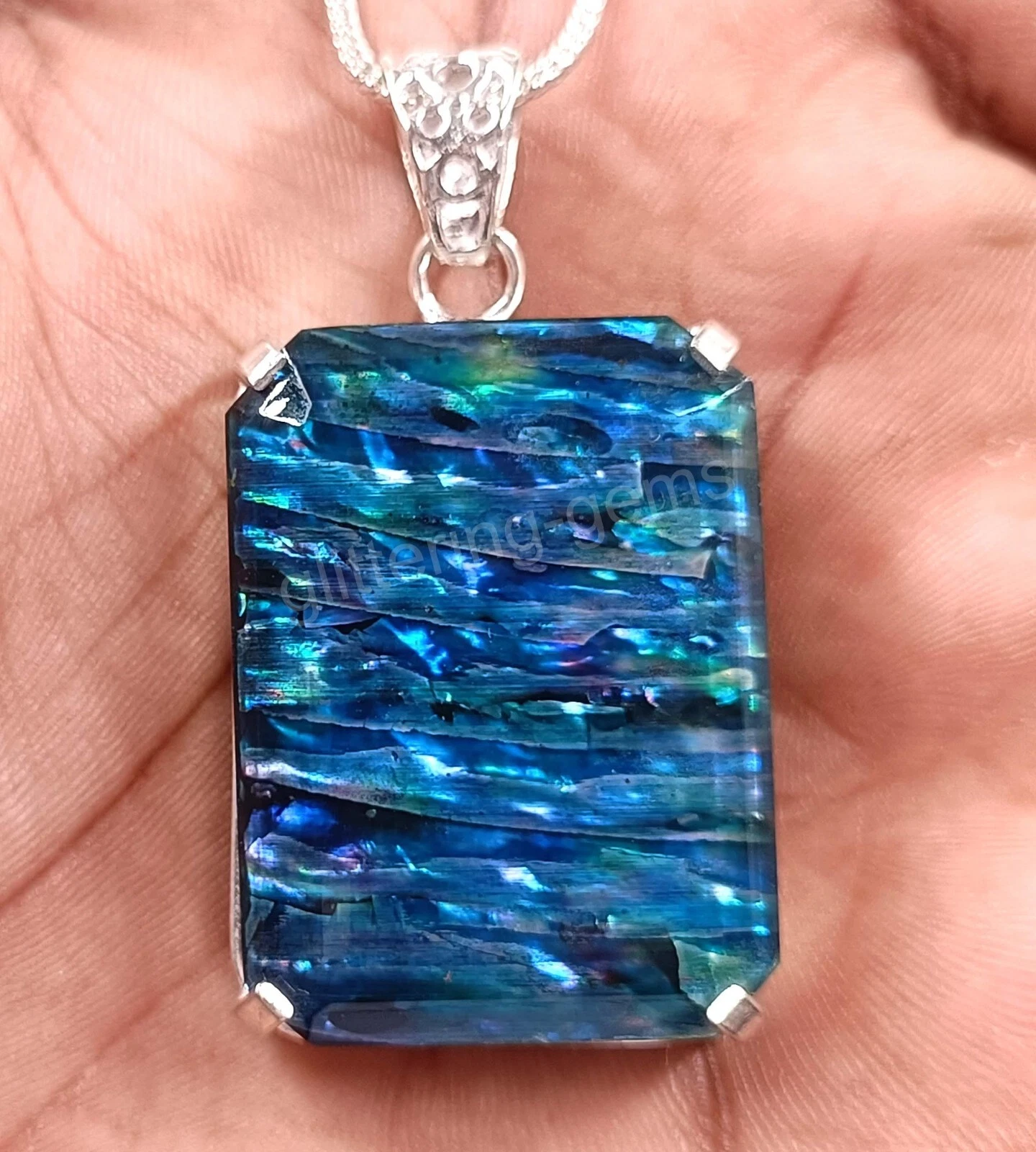 IGL 79 CT Natural Emerald Cut Ammolite 925 Solid Silver Pendant Loose Gems 5JSC