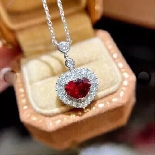 Heart Cut Simulated Red Ruby Women's Pendant With Chain In 14k White Gold Plated