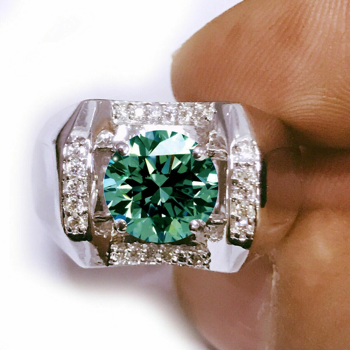 3.07 Ct Blue Round Moissanite Diamond Engagement Men's Ring 925 Silver Size 9