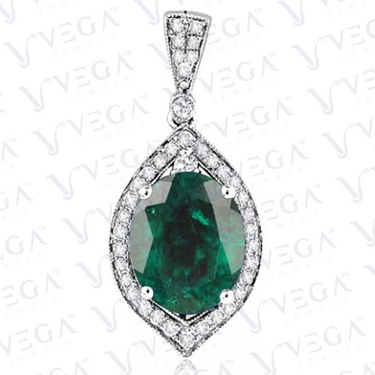 5.60ct Oval Cut Natural Emerald & Diamond Pendant 18k White Gold Plated No Chain