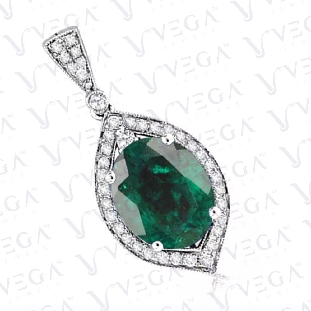 5.60ct Oval Cut Natural Emerald & Diamond Pendant 18k White Gold Plated No Chain