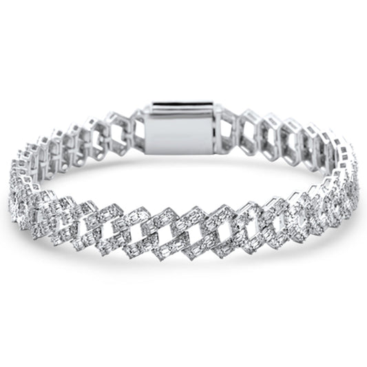 5.85ct G SI 14K White Gold Round & Baguette Diamond Cuban Bracelet 8"