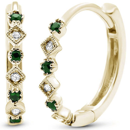 .15ct 14k Yellow Gold Diamond & Emerald Hoop Huggie Antique Earrings