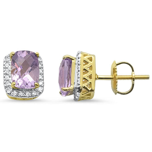 2.1cts 10k Yellow Gold Cushion Pink Amethyst & Diamond Earrings