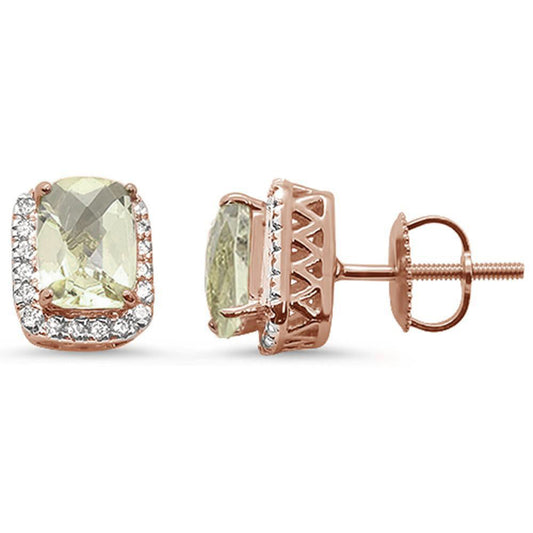 2.2ct 10k Rose Gold Cushion Green Amethyst & Diamond Earrings