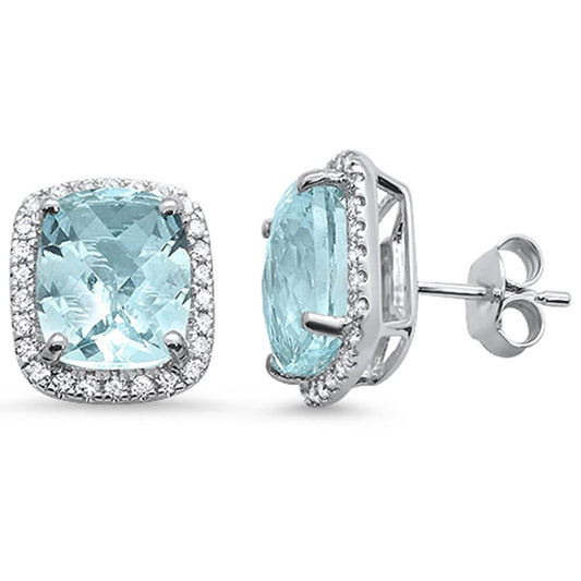 5.79ct 10k White Gold Cushion Aquamarine & Diamond Earrings