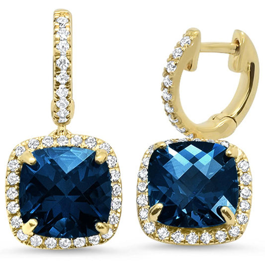 5.58ct 10k Yellow Gold Cushion Blue Topaz & Diamond Earrings