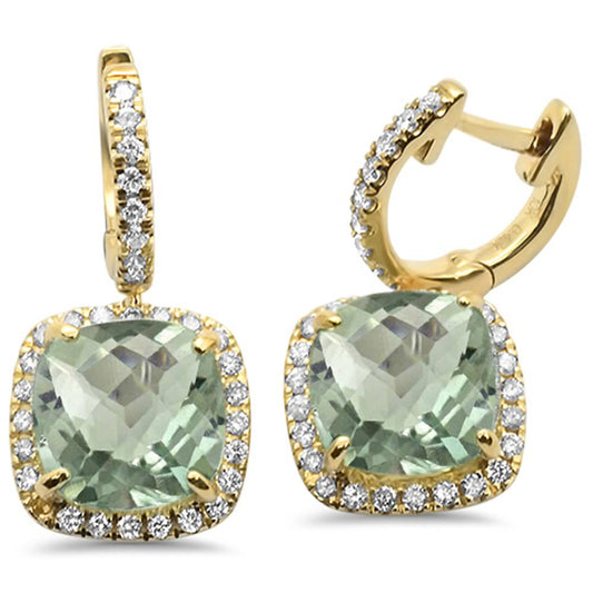 4.53ct 10k Yellow Gold Cushion Green Amethyst & Diamond Earrings