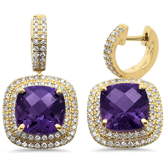 5.84ct 10k Yellow Gold Cushion Amethyst & Diamond Earrings