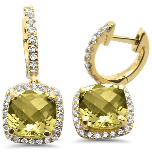 3.1ct 10k Yellow Gold Cushion Olive & Diamond Earrings