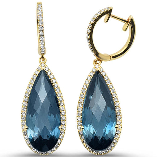 18.5cts 10k Yellow Gold Pear Shape Blue Topaz & Diamond Earrings