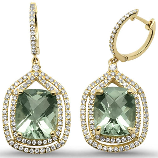 10.67cts 10k Yellow Gold Cushion Green Amethyst & Diamond Earrings
