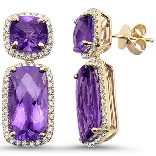 14.33ct 10k Yellow Gold Cushion Amethyst & Diamond Designer Earrings