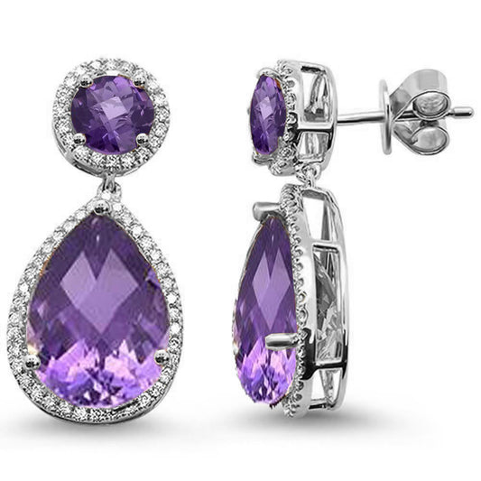12.91ct 14K White Gold Amethyst Tear Drop Diamond Earrings