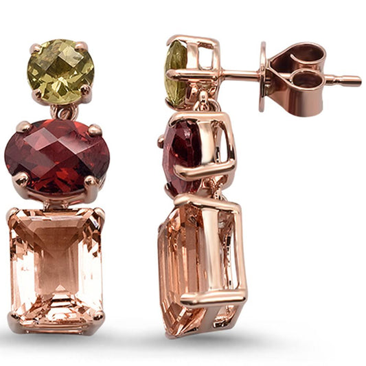 8.42ct 10k Rose Gold Oval Garnet, Morganite, Olive & Diamond Earrings