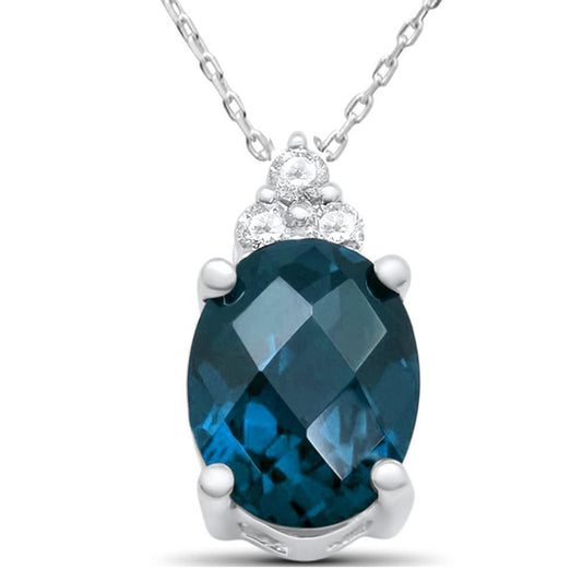 1.95ct 10K White Gold Natural Blue Topaz & Diamond Pendant Necklace 18" Lon