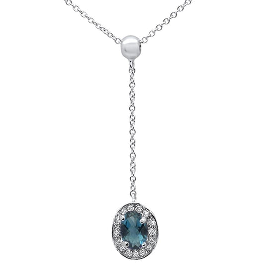.57cts 10k White Gold Blue Topaz & Diamond Lariat Pendant Necklace 18" Long