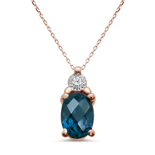 .8ct 10k Rose Gold Blue Topaz & Diamond Solitaire Pendant Necklace 18"