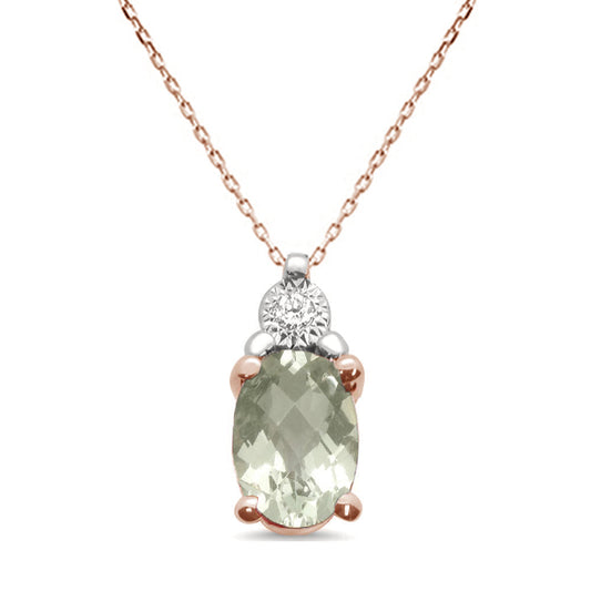 .68ct 10k Rose Gold Green Amethyst & Diamond Solitaire Pendant Necklace 18"