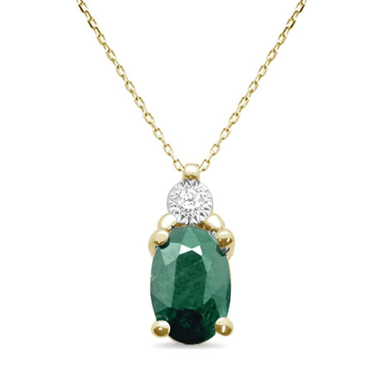 1.12ct 10K Yellow Gold Natural Emerald & Diamond Pendant Necklace 18" Long