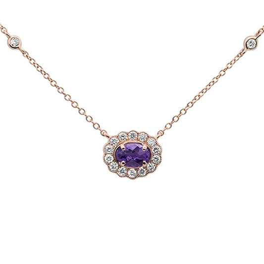 .63cts 14k Rose Gold Oval Amethyst & Diamond Pendant Necklace 18" Long