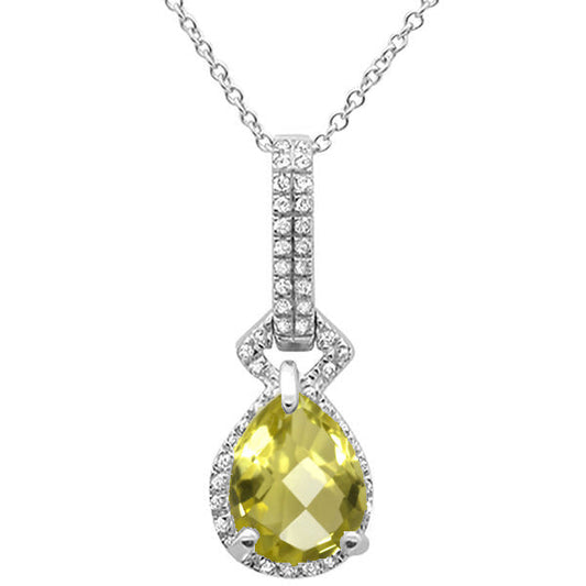 1.74cts 10k White Gold Pear Lemon Quartz & Diamond Pendant Necklace 17" Long