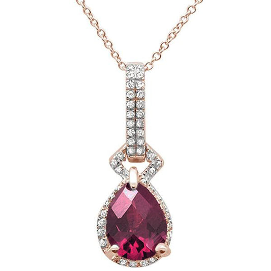 2.23cts 10k Rose Gold Pear Rhodolite & Diamond Pendant Necklace 17" Long