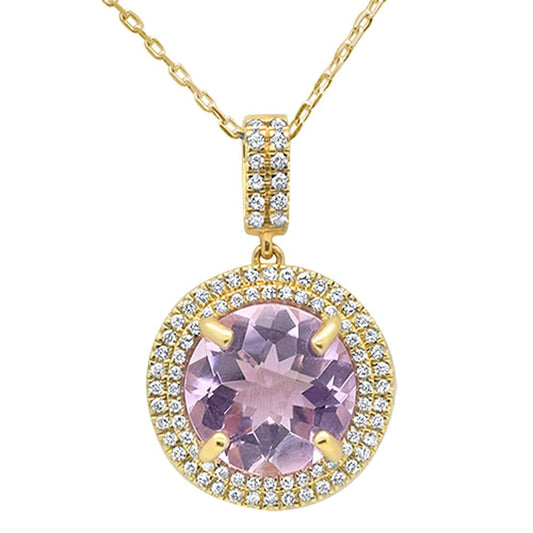 3.25ct 10k Yellow Gold Round Pink Amethyst & Diamond Pendant Necklace 18"
