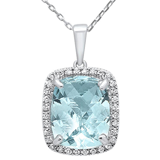 4.38ct 10k White Gold Cushion Aquamarine & Diamond Pendant Necklace 18"