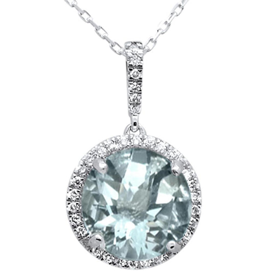 3.46ct 10k White Gold Round Aquamarine & Diamond Pendant Necklace 18"