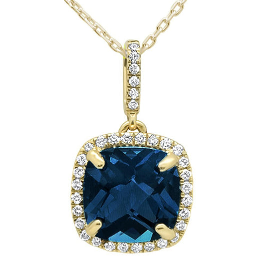 3.56ct 10k Yellow Gold Cushion Blue Topaz & Diamond Pendant Necklace 18"