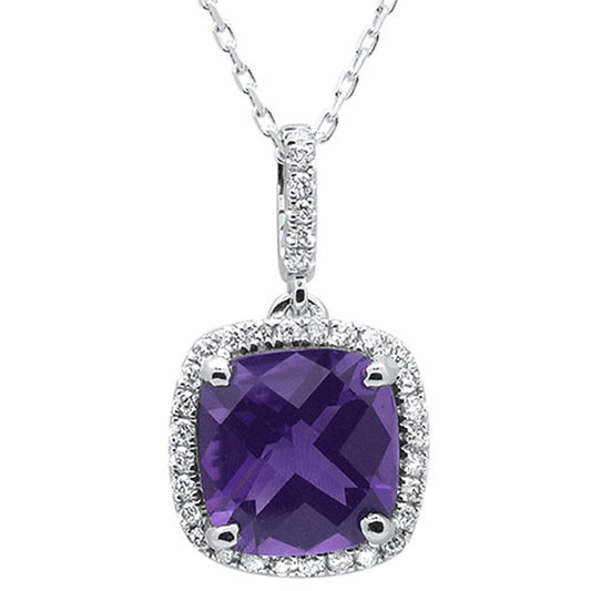 2.74cts 10k White Gold Cushion Amethyst & Diamond Pendant 18"