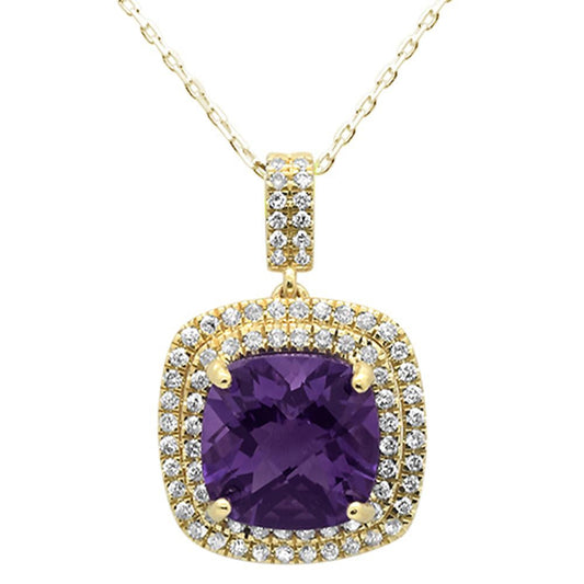 4.53ct 10k Yellow Gold Cushion Amethyst & Diamond Pendant Necklace 18"