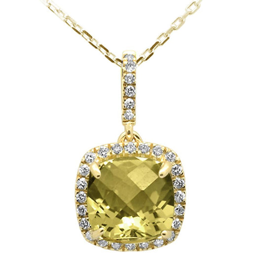 1.97ct 10k Yellow Gold Cushion Olive & Diamond Pendant Necklace 18"