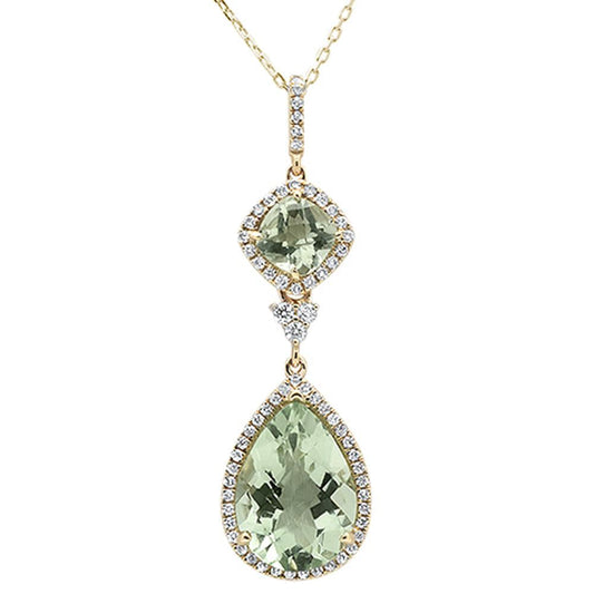 6.19ct 14k Yellow Gold Pear & Cushion Green Amethyst Diamond Pendant 18"