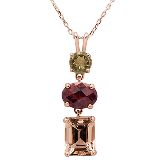 4.03ct 10k Rose Gold Oval Garnet, Morganite & Olive Diamond Pendant 18"